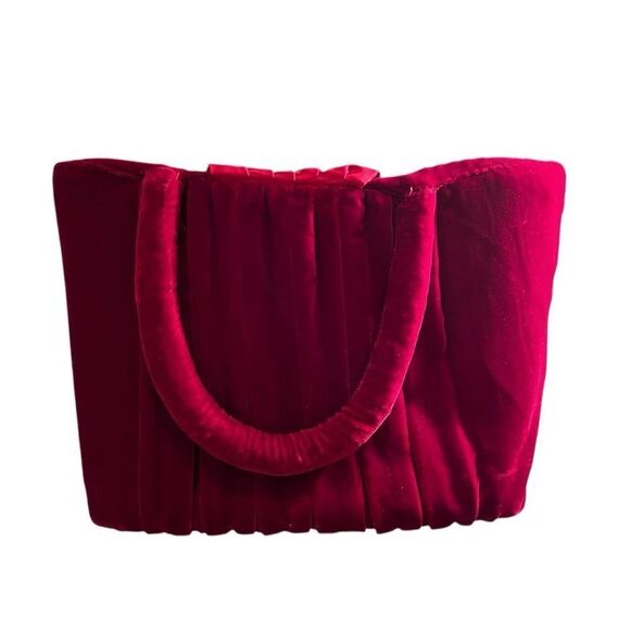 Red Velvet Vintage Handbag Tote Pleated Ruched Structured Cottagecore Feminine - Picture 4 of 10